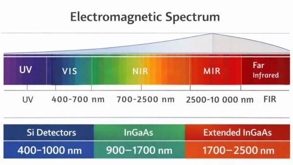 Wellenlängenbereiche 1 Diagramm des elektromagnetischen Spektrums, das die Wellenlängenbereiche für sichtbares Licht (VIS), Nahinfrarot (NIR), mittleres Infrarot (MIR) und fernes Infrarot (FIR) hervorhebt, die in der Spektroskopie und optischen Sensorik verwendet werden.