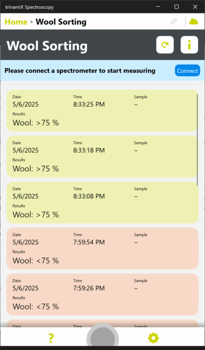 Screenshot trinamiX Application for fast Wool sorting