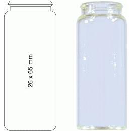 Snap-on lid bottles. Sapphire Glass. With drawing of dimensions 26 mm x 65 mm.