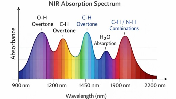 Wavelength Ranges 3 Near-infrared absorption spectrum illustrating typical overtone and combination bands of O-H, C-H, and N-H bonds between 900 and 2200 nm.