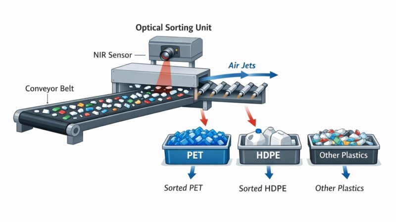 NIR Plastic Identification in Recycling: Spectroscopy for Polymer Sorting 1 Diagram of an industrial optical plastic sorting line showing conveyor belt, NIR sensor unit, air jet ejectors, and separated polymer streams.