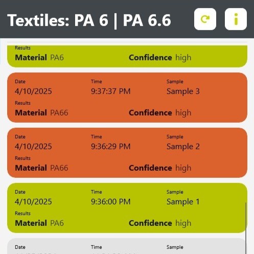 Demonstration der Echtzeit-Differenzierung von PA6 und PA6.6 bei der Textilsortierung mittels tragbarem NIR 3 Tragbare NIR-Textil-App zeigt PA6 / PA6.6-Klassifizierungsergebnis