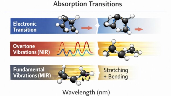 Wavelength Ranges 2 Illustration of spectroscopy absorption mechanisms showing electronic transitions in the visible region, overtone vibrational transitions in near-infrared, and fundamental molecular vibrations in mid-infrared spectroscopy.