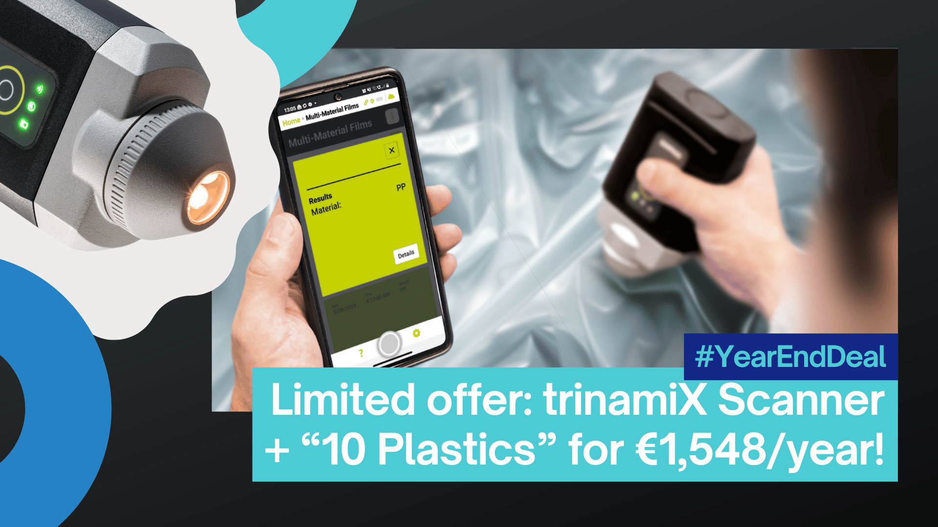 trinamiX portable plasitc scanner: Year end deal 2024 including "10 Plastics" database with HDPE, LDPE, PET, PP, PS, PVC, PA, ABS, PC, PLA